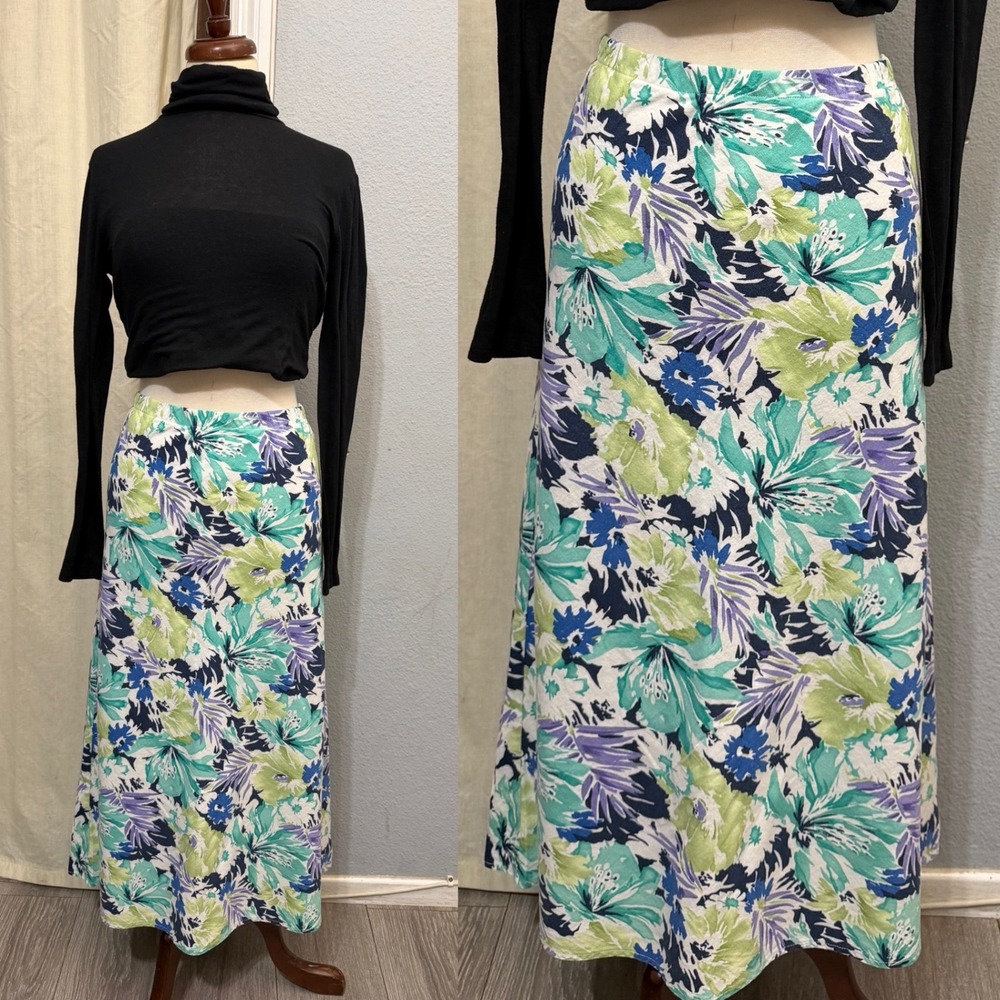 Christopher & Banks Linen Blend Skirt Size M Green Blue Floral Maxi Cottagecore